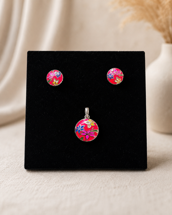Aarini – Hand-Painted 925 Sterling Silver Pendant & Stud Earring Set with Semi-Precious Stones