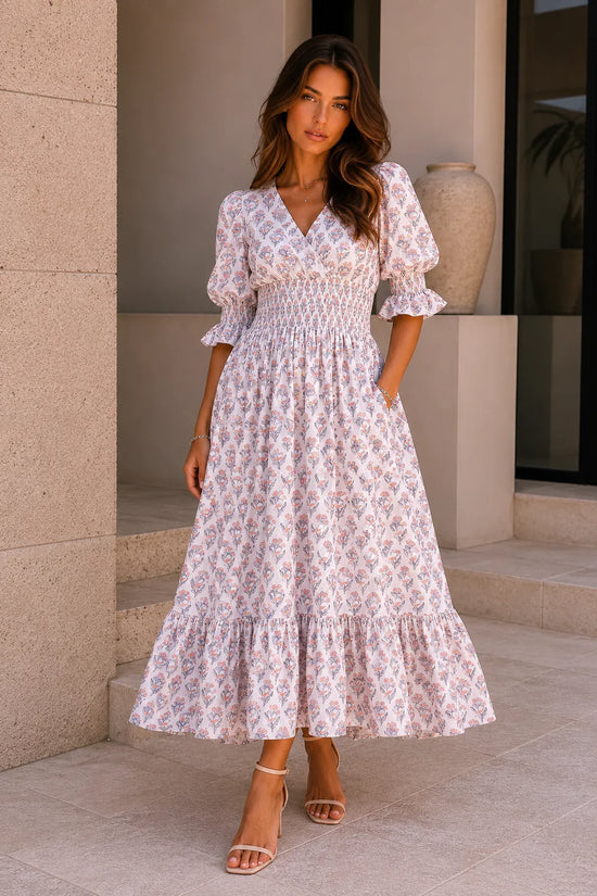 Lilienne - Handblocked Smocked Midi Dress