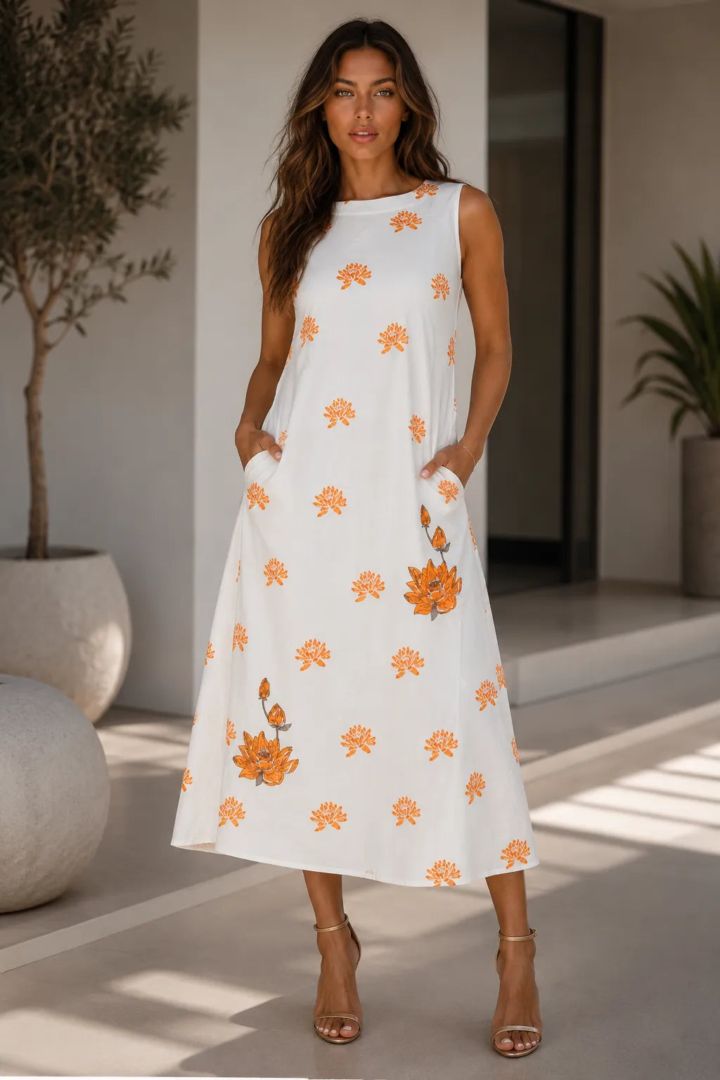 Solene - Handblocked Boat Neck Midi Dress