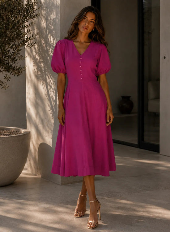 Aira - Vegan Silk Midi Dress with Ikat Buttons