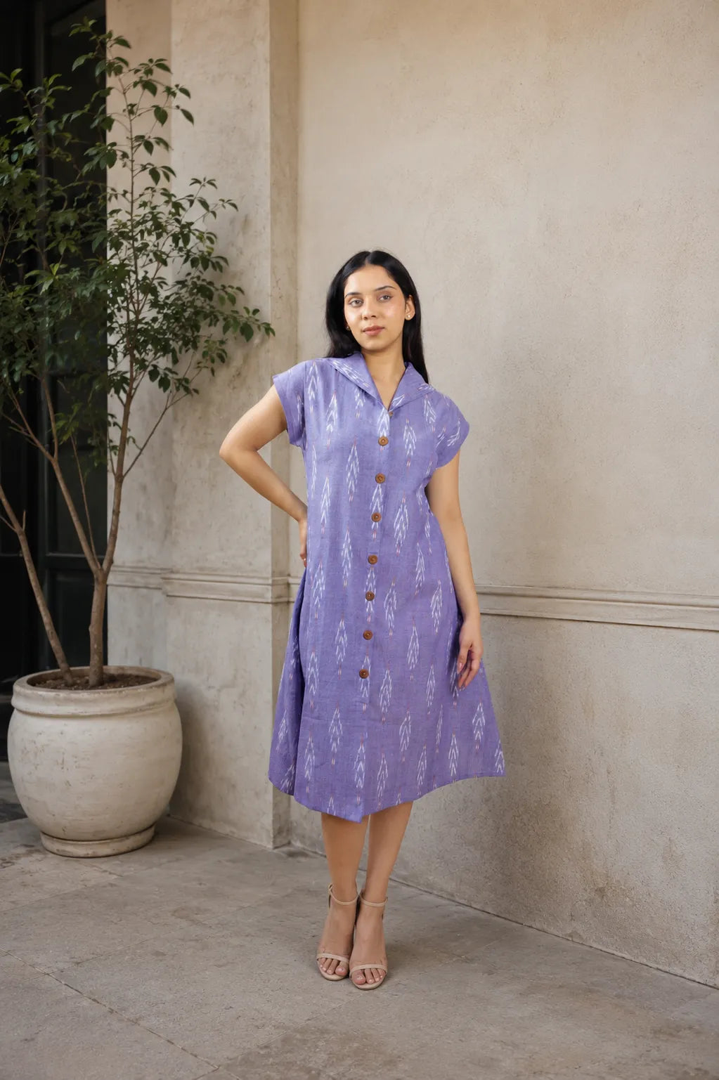 Vanya - Blue Ikkat Cotton Midi Shirt Dress