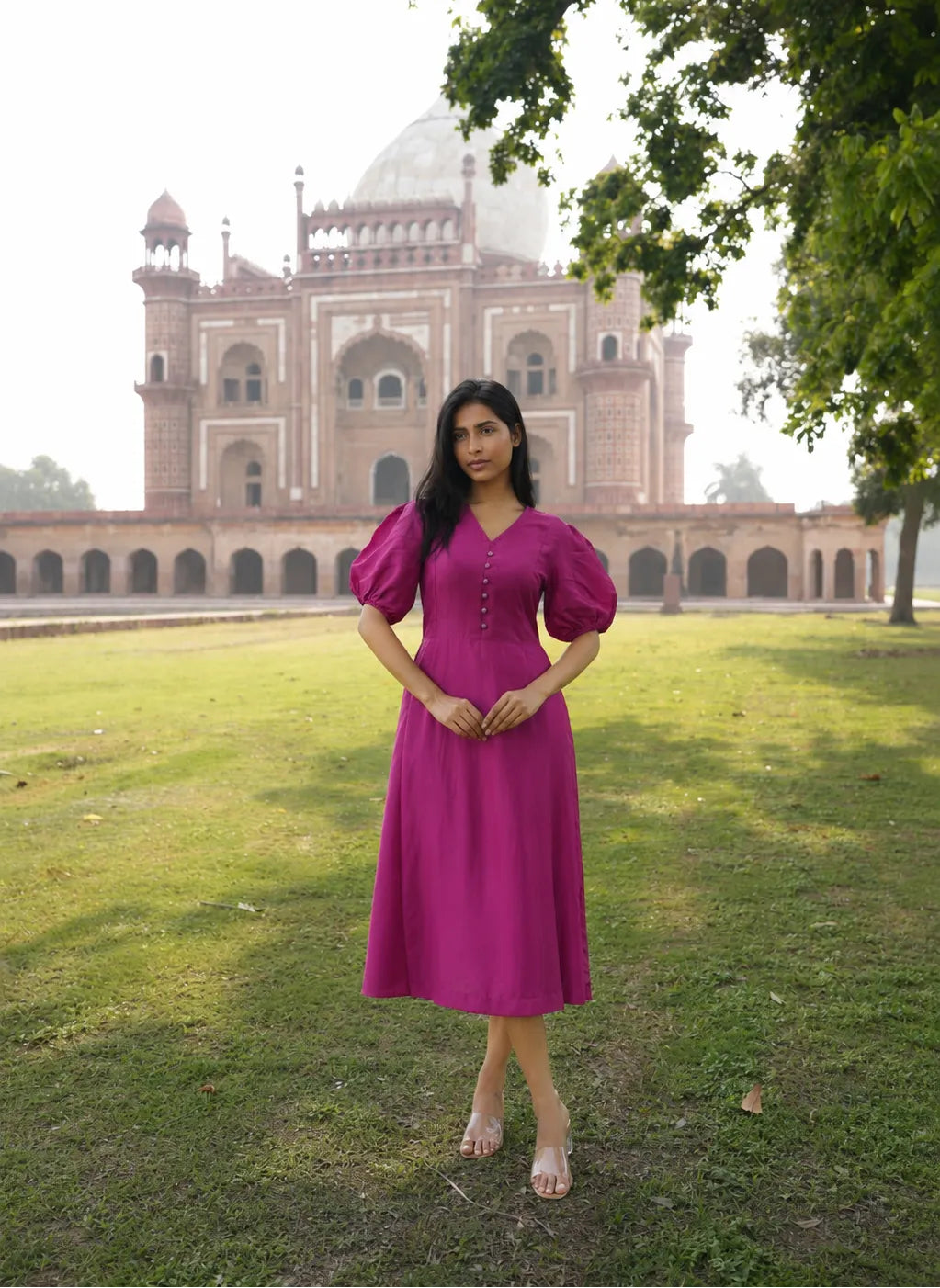 Aira - Vegan Silk Midi Dress with Ikat Buttons