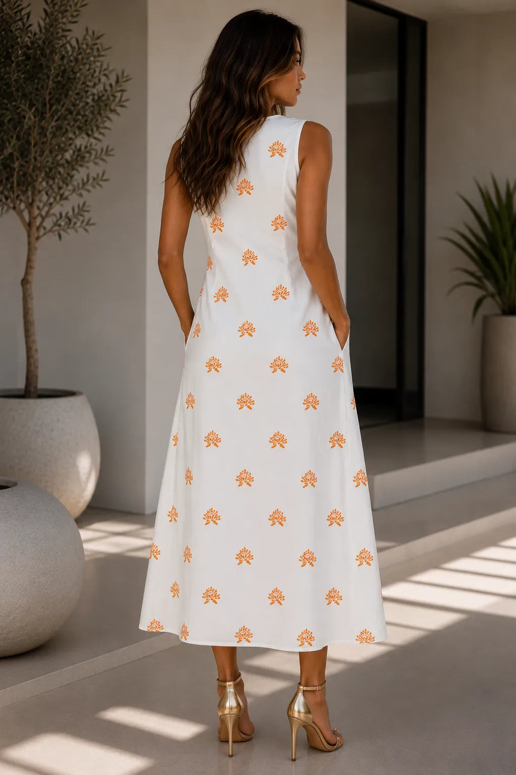 Solene - Handblocked Boat Neck Midi Dress