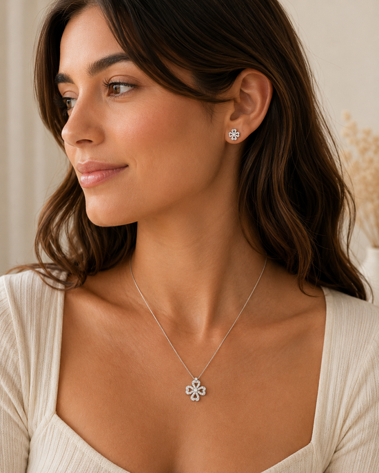 Vaanika – 925 Sterling Silver Floral Pendant & Stud Earring Set with Semi-Precious Stones