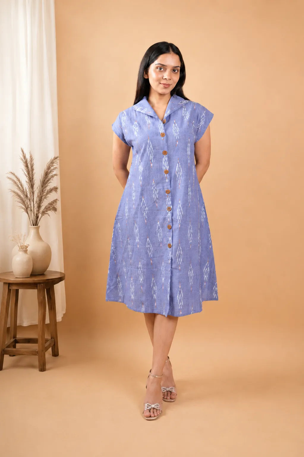 Vanya - Blue Ikkat Cotton Midi Shirt Dress