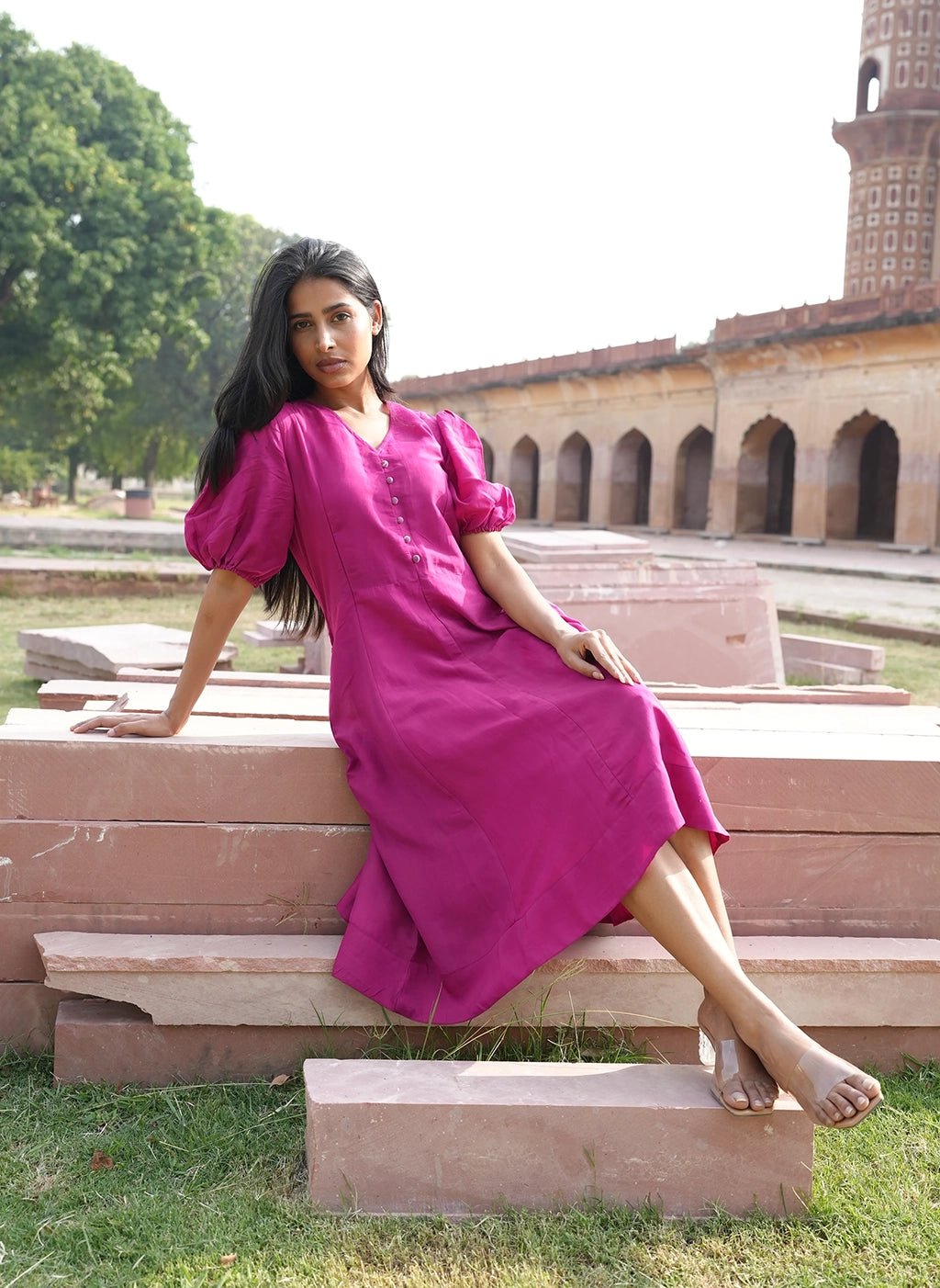 Aira - Vegan Silk Midi Dress with Ikat Buttons