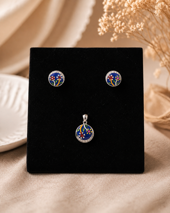 Neelaya – Hand-Painted 925 Sterling Silver Pendant & Stud Earring Set with Semi-Precious Stones
