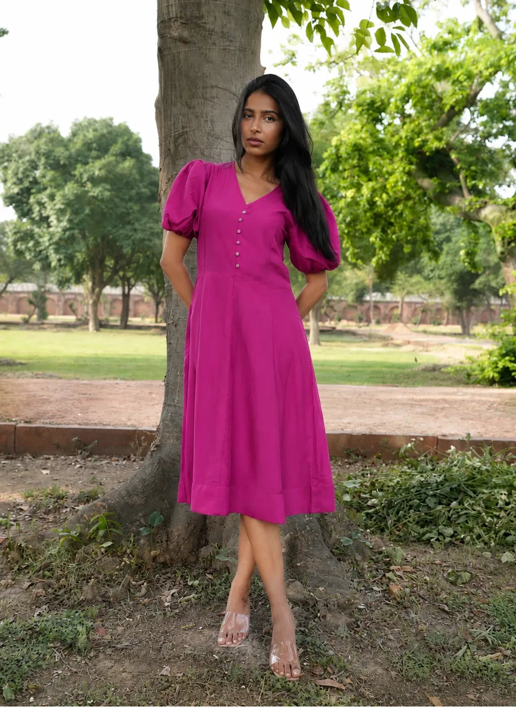 Aira - Vegan Silk Midi Dress with Ikat Buttons