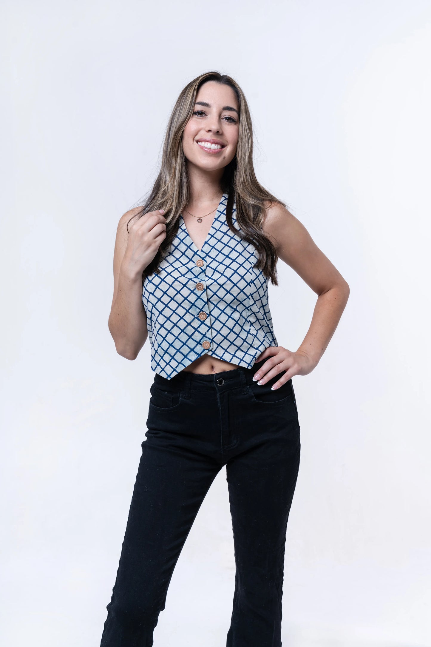 Sage - Breezy Vest Top- Blue Check