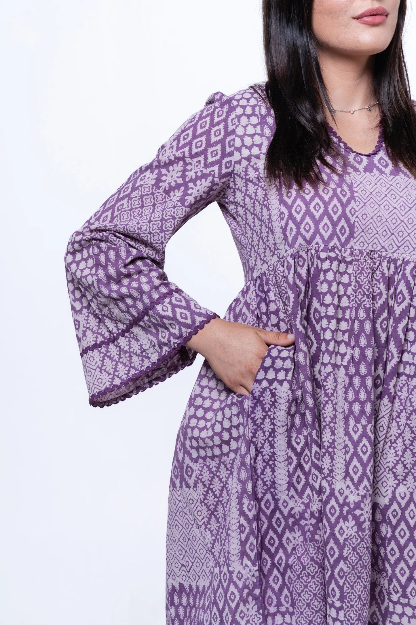 The Liora - Lace-Edged Bell Sleeve Dress
