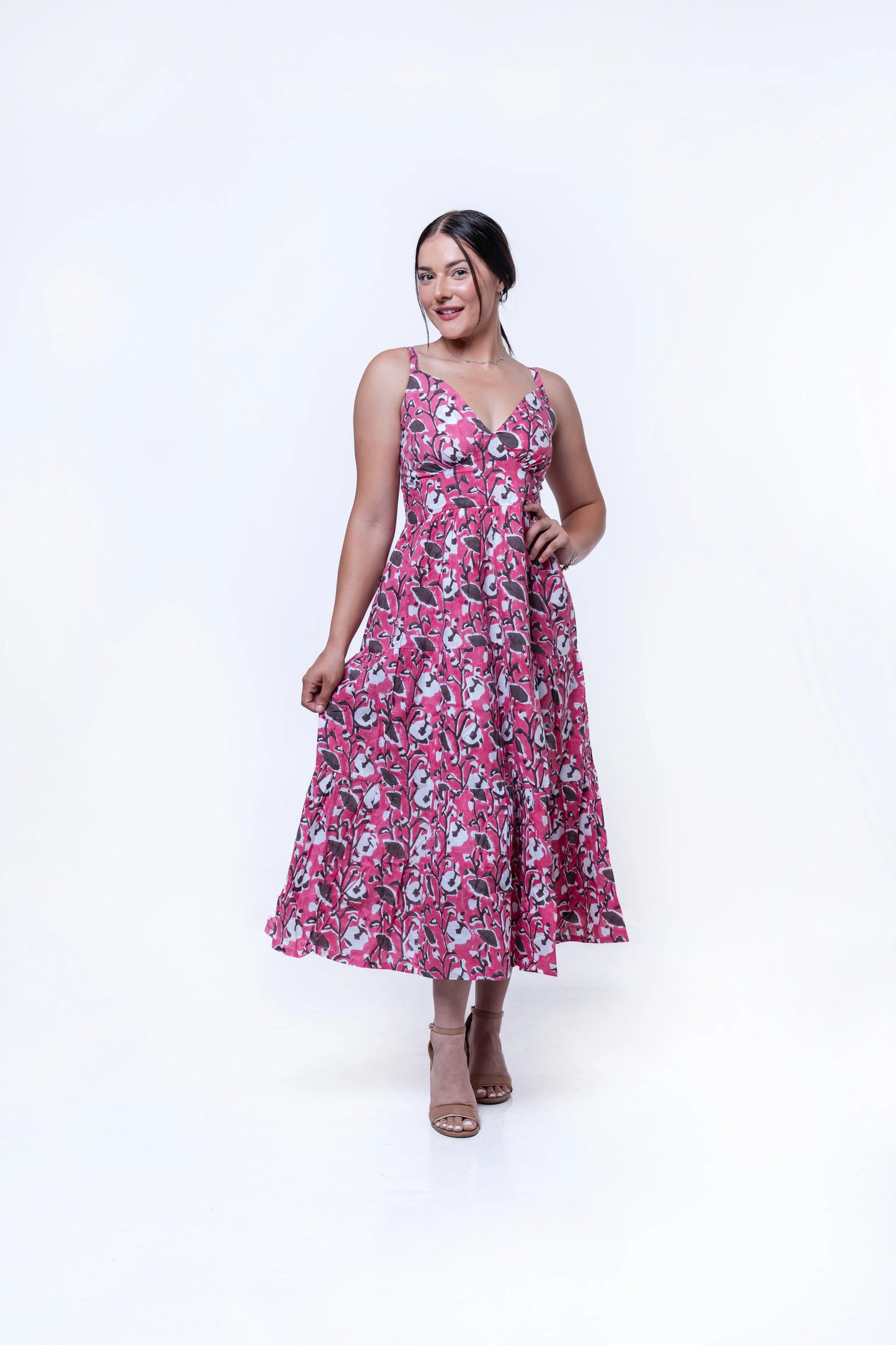 The Elira - Sweetheart Neckline Midi Dress- Pink