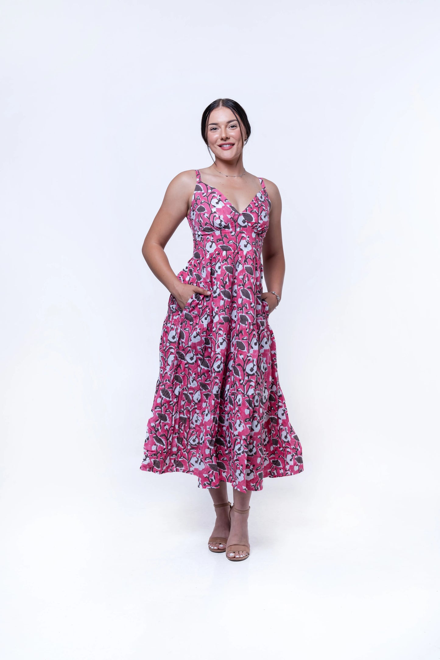 The Elira - Sweetheart Neckline Midi Dress- Pink