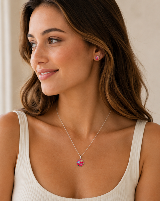 Aarini – Hand-Painted 925 Sterling Silver Pendant & Stud Earring Set with Semi-Precious Stones
