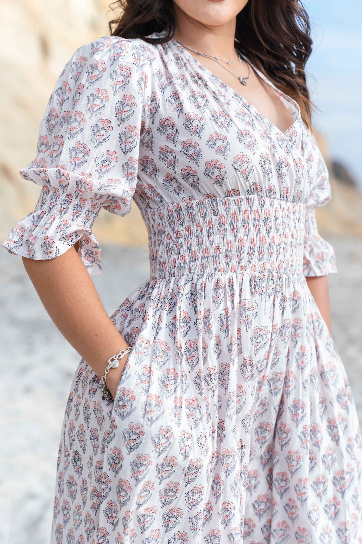 Lilienne - Handblocked Smocked Midi Dress